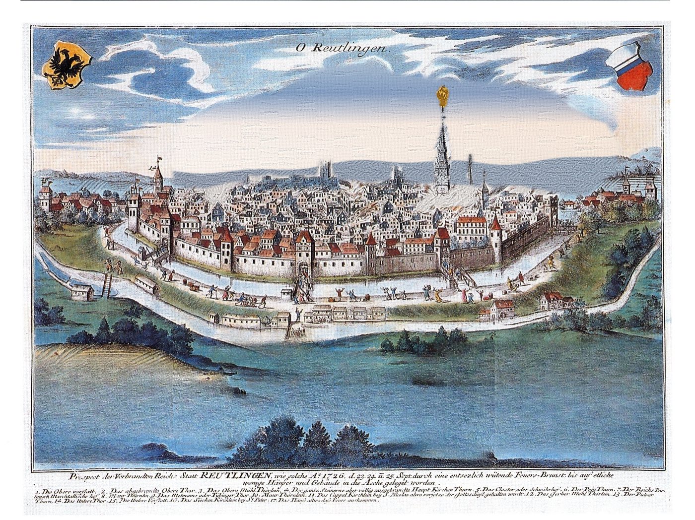 Kupferstich von Gabriel Bodenehr: die Stadt Reutlingen im Jahre 1726